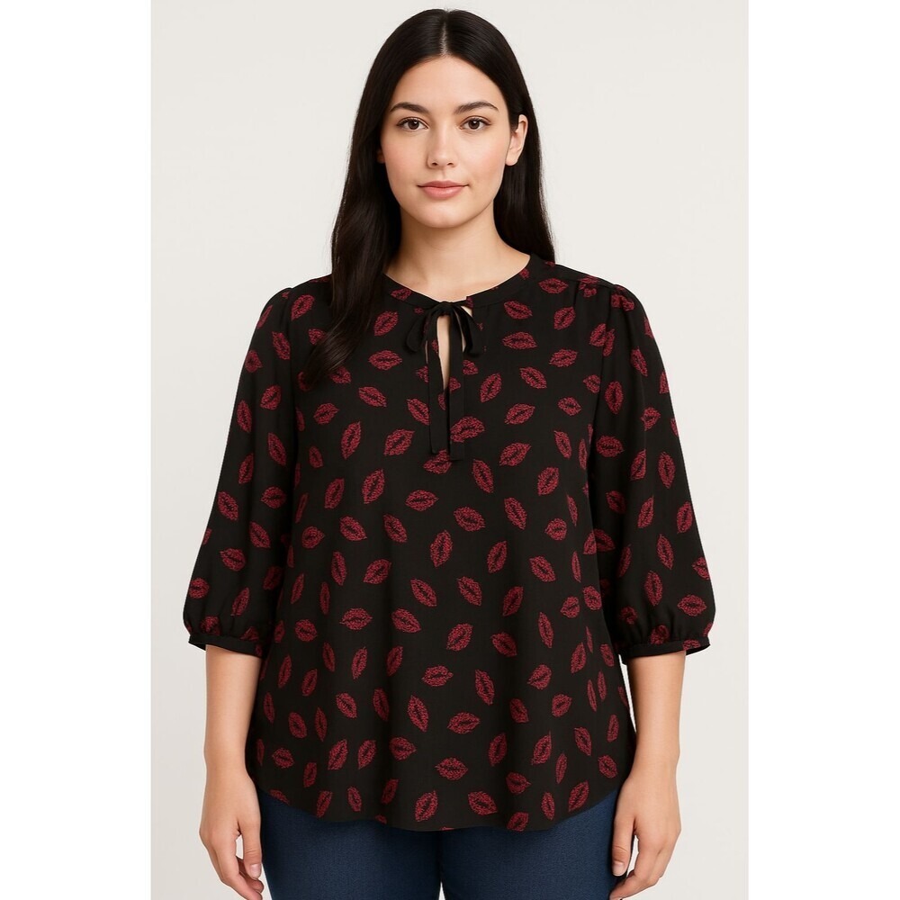 Torrid Women's 3X Georgette Bow Tie Blouse Black Pink Lips Leopard Print
